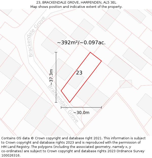 23, BRACKENDALE GROVE, HARPENDEN, AL5 3EL: Plot and title map