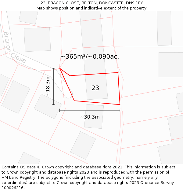 23, BRACON CLOSE, BELTON, DONCASTER, DN9 1RY: Plot and title map