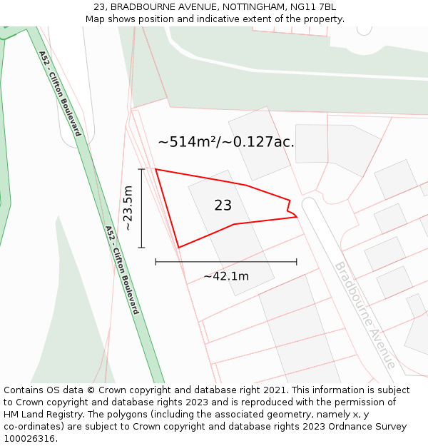 23, BRADBOURNE AVENUE, NOTTINGHAM, NG11 7BL: Plot and title map