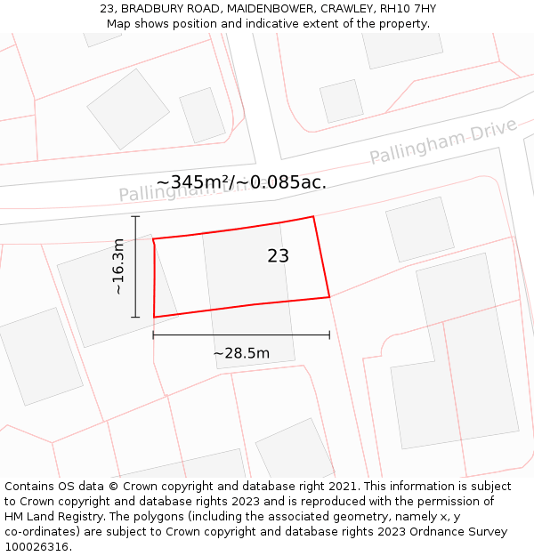 23, BRADBURY ROAD, MAIDENBOWER, CRAWLEY, RH10 7HY: Plot and title map