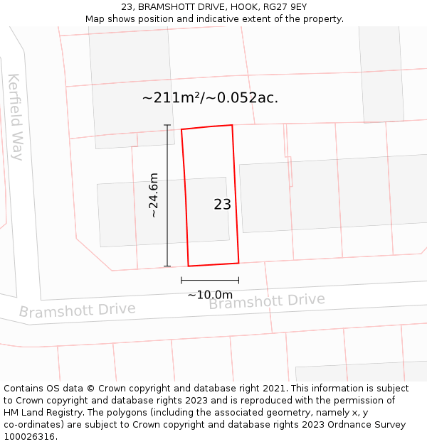 23, BRAMSHOTT DRIVE, HOOK, RG27 9EY: Plot and title map