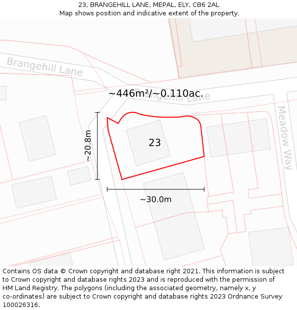 23, BRANGEHILL LANE, MEPAL, ELY, CB6 2AL: Plot and title map