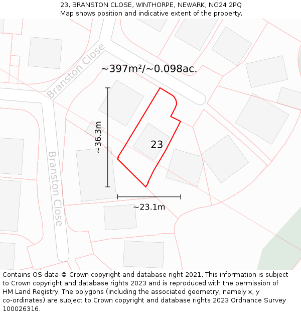 23, BRANSTON CLOSE, WINTHORPE, NEWARK, NG24 2PQ: Plot and title map