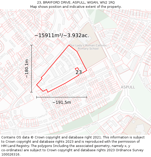 23, BRAYFORD DRIVE, ASPULL, WIGAN, WN2 1RQ: Plot and title map