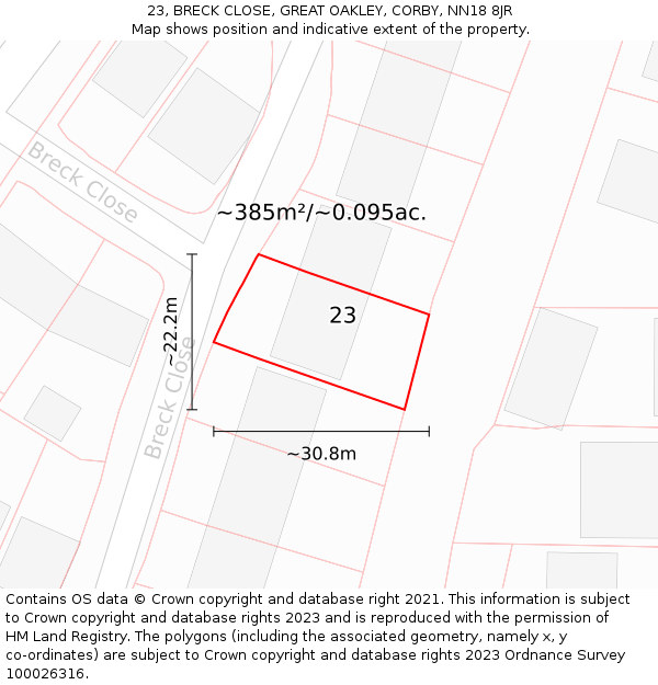 23, BRECK CLOSE, GREAT OAKLEY, CORBY, NN18 8JR: Plot and title map