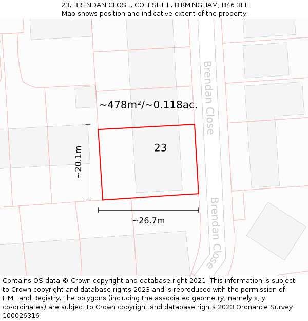 23, BRENDAN CLOSE, COLESHILL, BIRMINGHAM, B46 3EF: Plot and title map