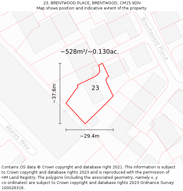 23, BRENTWOOD PLACE, BRENTWOOD, CM15 9DN: Plot and title map