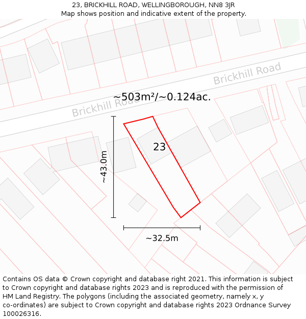 23, BRICKHILL ROAD, WELLINGBOROUGH, NN8 3JR: Plot and title map