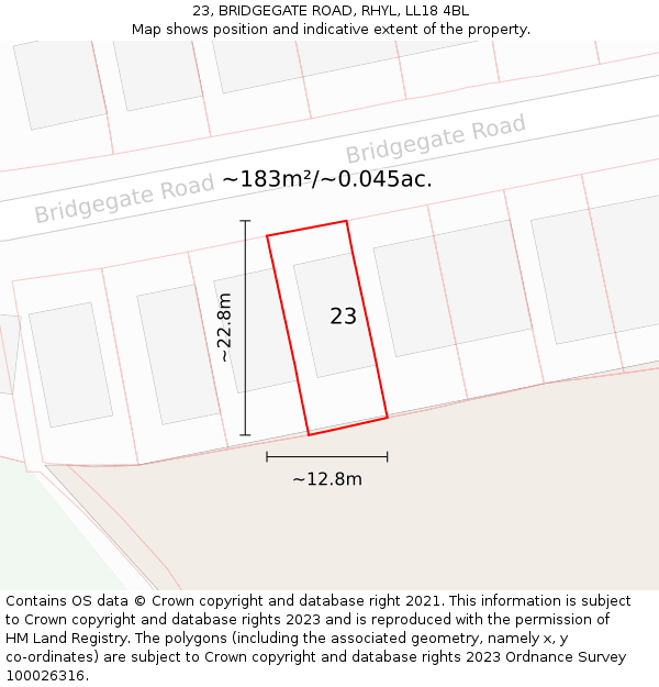 23, BRIDGEGATE ROAD, RHYL, LL18 4BL: Plot and title map