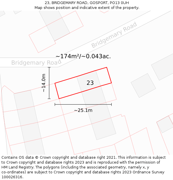 23, BRIDGEMARY ROAD, GOSPORT, PO13 0UH: Plot and title map