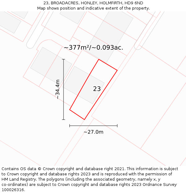 23, BROADACRES, HONLEY, HOLMFIRTH, HD9 6ND: Plot and title map