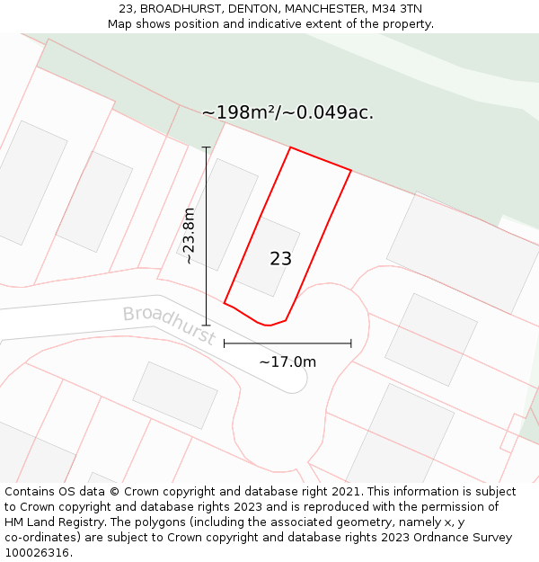 23, BROADHURST, DENTON, MANCHESTER, M34 3TN: Plot and title map