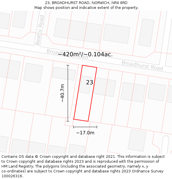 23, BROADHURST ROAD, NORWICH, NR4 6RD: Plot and title map