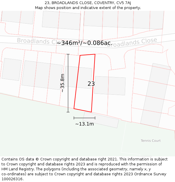 23, BROADLANDS CLOSE, COVENTRY, CV5 7AJ: Plot and title map