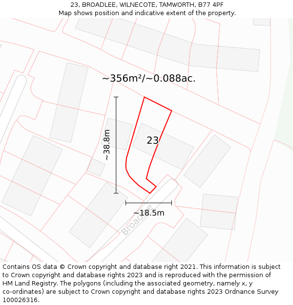 23, BROADLEE, WILNECOTE, TAMWORTH, B77 4PF: Plot and title map