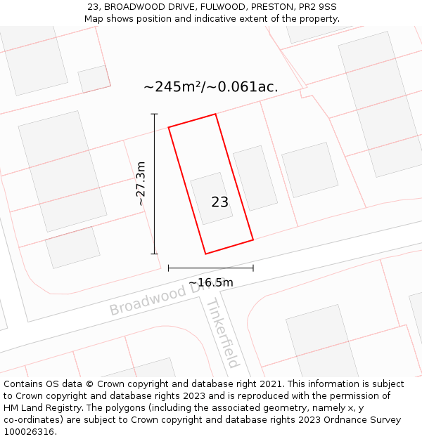 23, BROADWOOD DRIVE, FULWOOD, PRESTON, PR2 9SS: Plot and title map