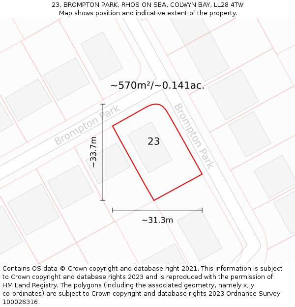 23, BROMPTON PARK, RHOS ON SEA, COLWYN BAY, LL28 4TW: Plot and title map
