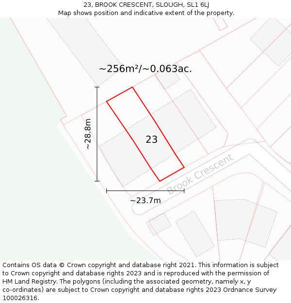 23, BROOK CRESCENT, SLOUGH, SL1 6LJ: Plot and title map