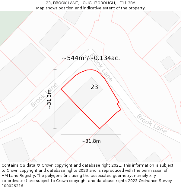 23, BROOK LANE, LOUGHBOROUGH, LE11 3RA: Plot and title map