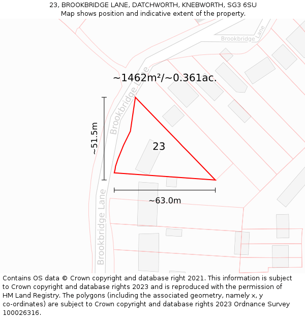 23, BROOKBRIDGE LANE, DATCHWORTH, KNEBWORTH, SG3 6SU: Plot and title map