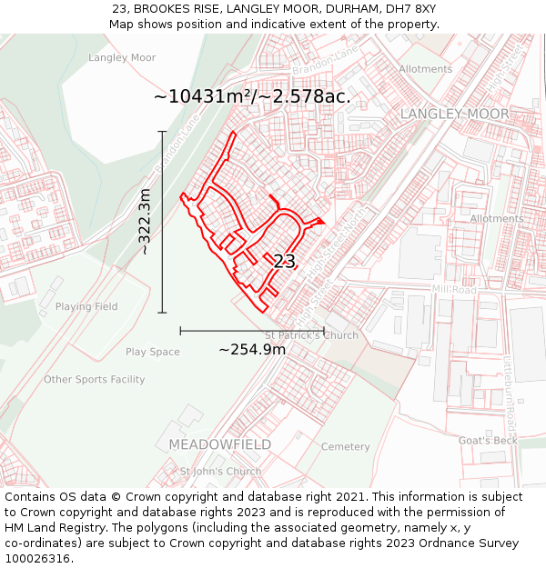 23, BROOKES RISE, LANGLEY MOOR, DURHAM, DH7 8XY: Plot and title map