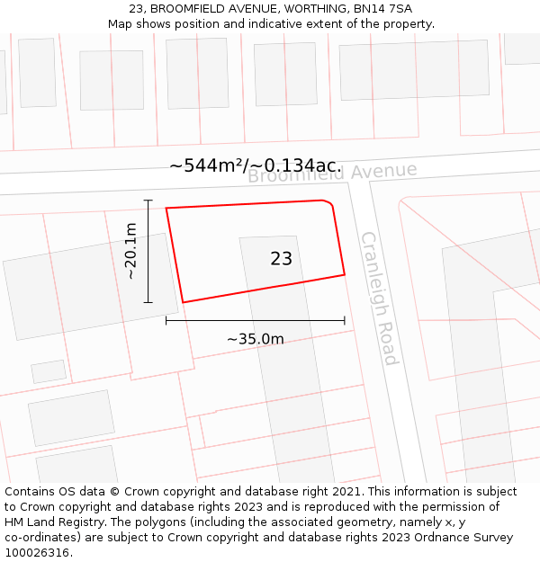23, BROOMFIELD AVENUE, WORTHING, BN14 7SA: Plot and title map