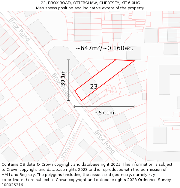 23, BROX ROAD, OTTERSHAW, CHERTSEY, KT16 0HG: Plot and title map