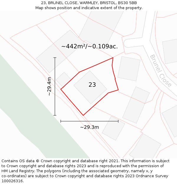 23, BRUNEL CLOSE, WARMLEY, BRISTOL, BS30 5BB: Plot and title map