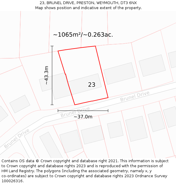 23, BRUNEL DRIVE, PRESTON, WEYMOUTH, DT3 6NX: Plot and title map