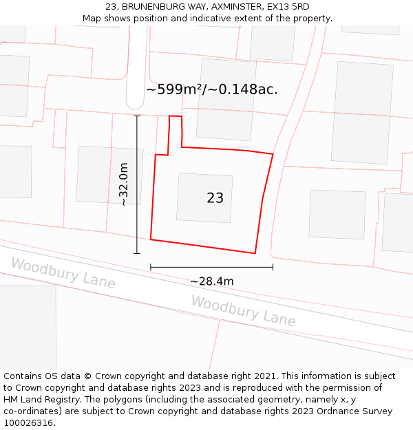 23, BRUNENBURG WAY, AXMINSTER, EX13 5RD: Plot and title map