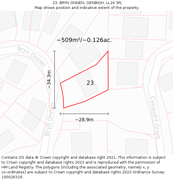 23, BRYN ONNEN, DENBIGH, LL16 3PJ: Plot and title map