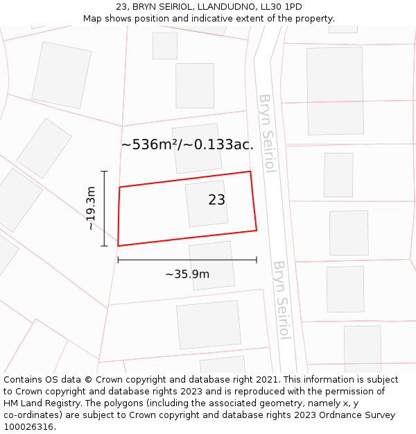 23, BRYN SEIRIOL, LLANDUDNO, LL30 1PD: Plot and title map