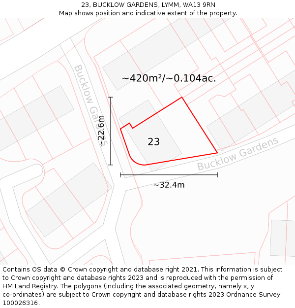 23, BUCKLOW GARDENS, LYMM, WA13 9RN: Plot and title map