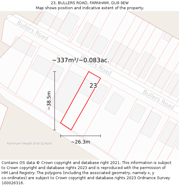 23, BULLERS ROAD, FARNHAM, GU9 9EW: Plot and title map
