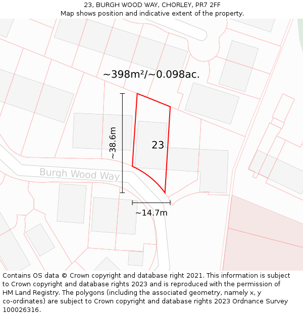 23, BURGH WOOD WAY, CHORLEY, PR7 2FF: Plot and title map