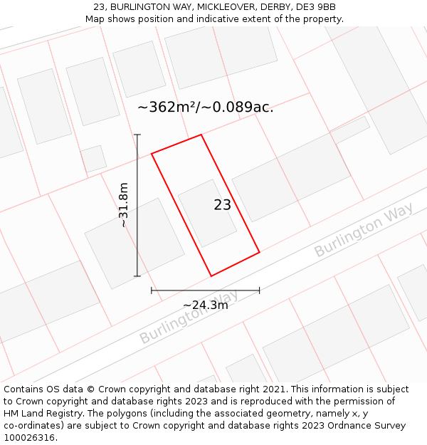 23, BURLINGTON WAY, MICKLEOVER, DERBY, DE3 9BB: Plot and title map