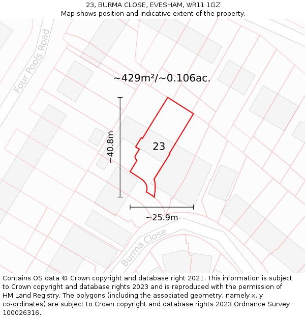 23, BURMA CLOSE, EVESHAM, WR11 1GZ: Plot and title map