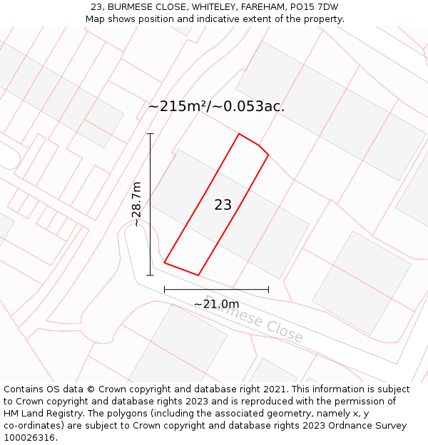 23, BURMESE CLOSE, WHITELEY, FAREHAM, PO15 7DW: Plot and title map