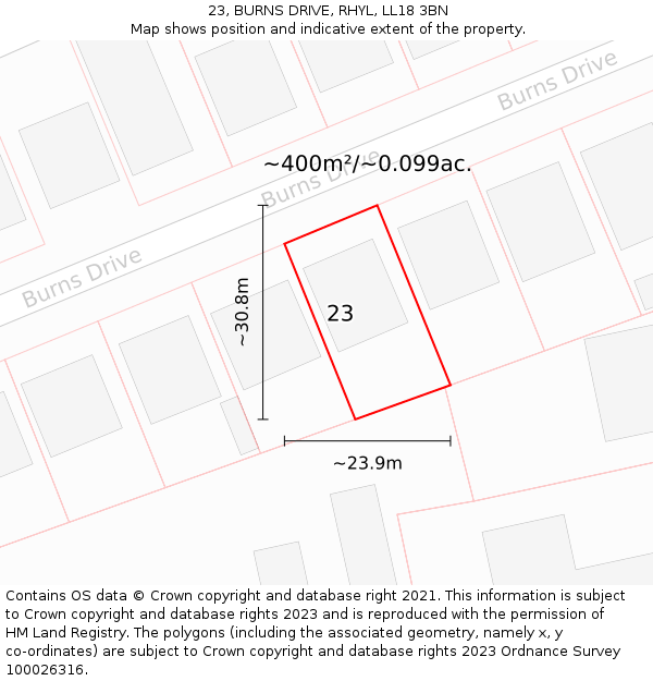 23, BURNS DRIVE, RHYL, LL18 3BN: Plot and title map