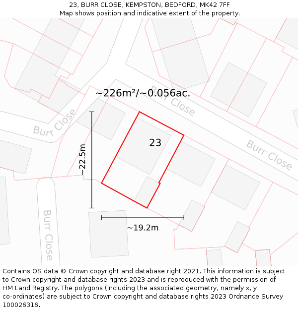 23, BURR CLOSE, KEMPSTON, BEDFORD, MK42 7FF: Plot and title map