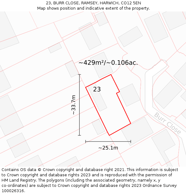 23, BURR CLOSE, RAMSEY, HARWICH, CO12 5EN: Plot and title map