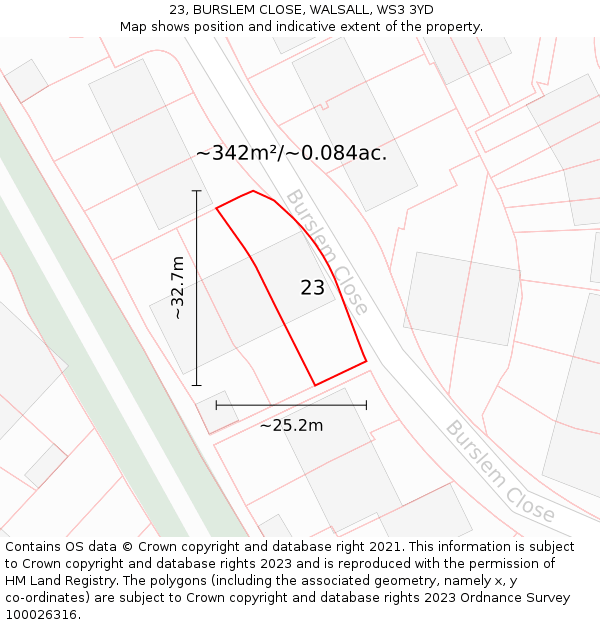 23, BURSLEM CLOSE, WALSALL, WS3 3YD: Plot and title map