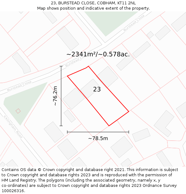 23, BURSTEAD CLOSE, COBHAM, KT11 2NL: Plot and title map