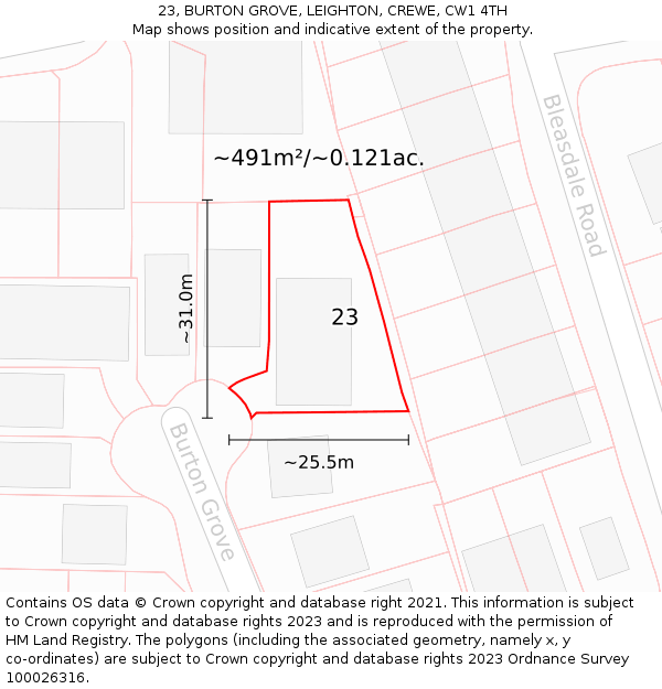 23, BURTON GROVE, LEIGHTON, CREWE, CW1 4TH: Plot and title map