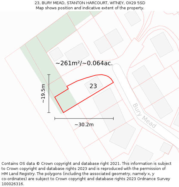 23, BURY MEAD, STANTON HARCOURT, WITNEY, OX29 5SD: Plot and title map