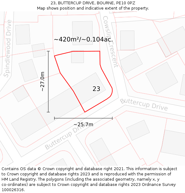 23, BUTTERCUP DRIVE, BOURNE, PE10 0PZ: Plot and title map