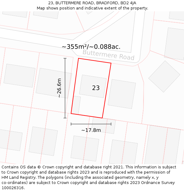 23, BUTTERMERE ROAD, BRADFORD, BD2 4JA: Plot and title map