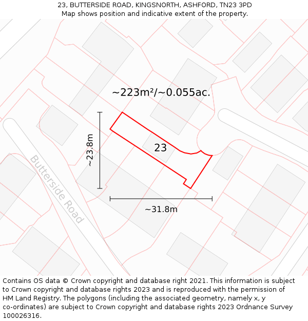 23, BUTTERSIDE ROAD, KINGSNORTH, ASHFORD, TN23 3PD: Plot and title map