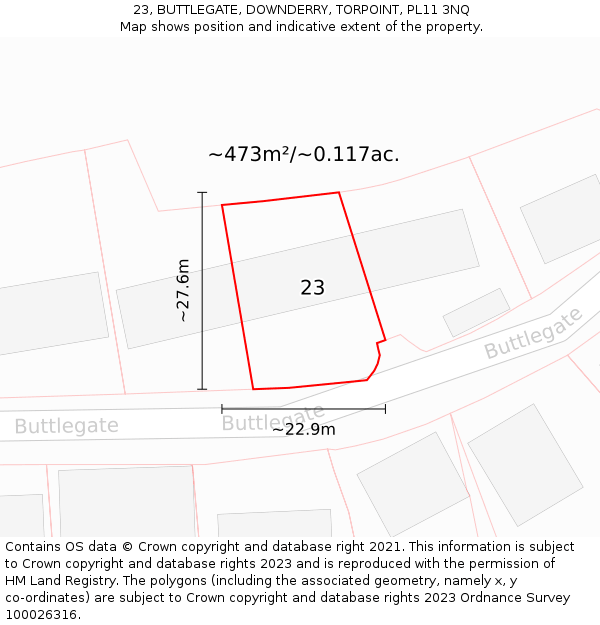 23, BUTTLEGATE, DOWNDERRY, TORPOINT, PL11 3NQ: Plot and title map