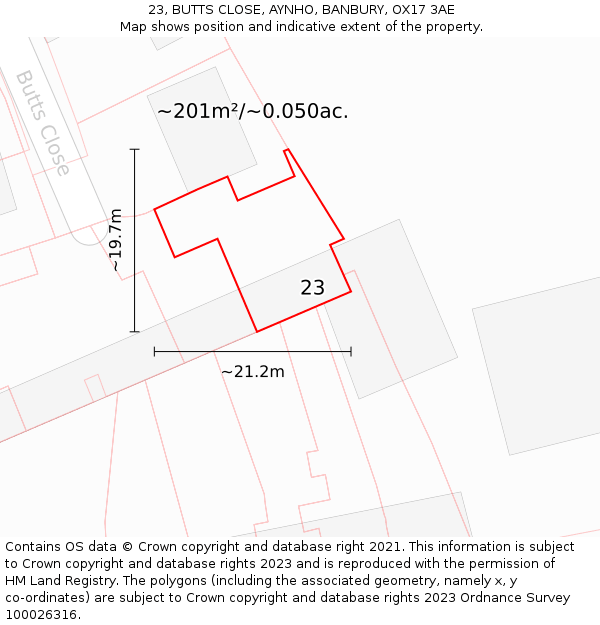 23, BUTTS CLOSE, AYNHO, BANBURY, OX17 3AE: Plot and title map